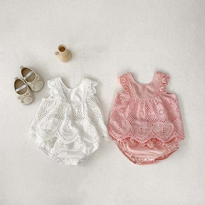 MyKids-USA® Baby Girls Sleeveless Solid Color Hollow Out Design Strap Top Dress And Bloomers Clothing Set