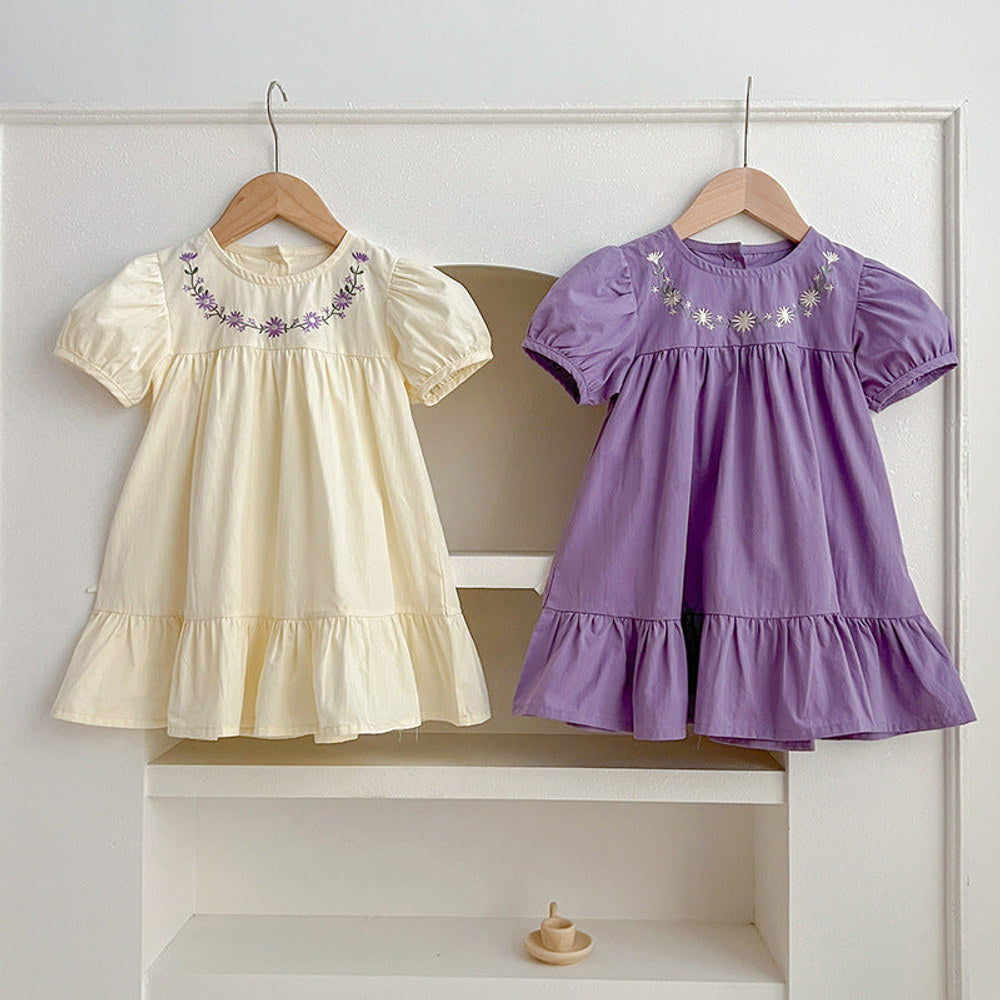 MyKids-USA® Girls Floral Pattern Embroidery Crew Neck Dress – Simple Sister Matching Set