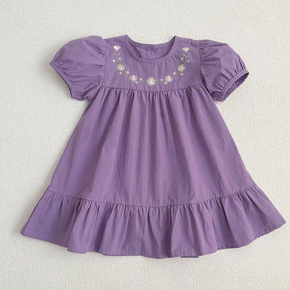 MyKids-USA® Girls Floral Pattern Embroidery Crew Neck Dress – Simple Sister Matching Set
