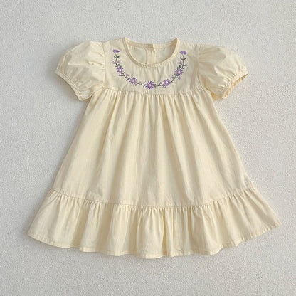 MyKids-USA® Girls Floral Pattern Embroidery Crew Neck Dress – Simple Sister Matching Set