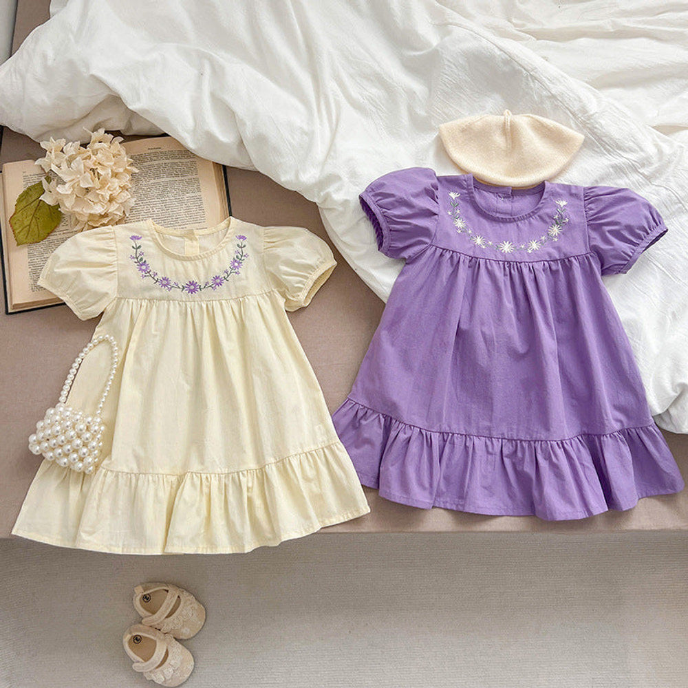 MyKids-USA® Girls Floral Pattern Embroidery Crew Neck Dress – Simple Sister Matching Set