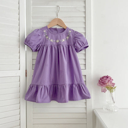 MyKids-USA® Girls Floral Pattern Embroidery Crew Neck Dress – Simple Sister Matching Set