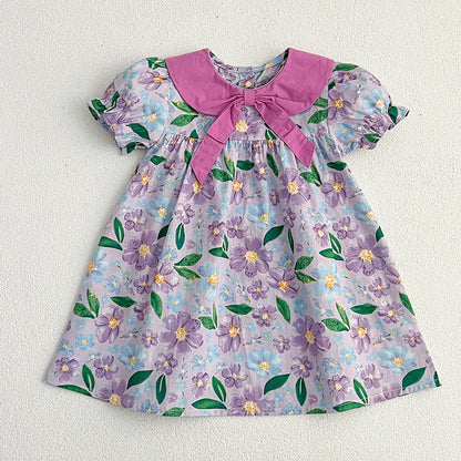 Arrival Summer Girls Floral Print Short Sleeves Bow Design Collar Dress