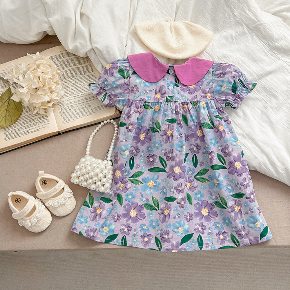 Arrival Summer Girls Floral Print Short Sleeves Bow Design Collar Dress