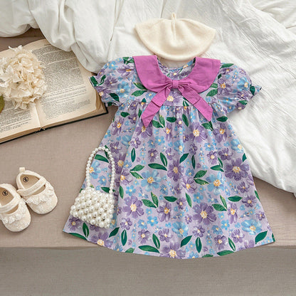 Arrival Summer Girls Floral Print Short Sleeves Bow Design Collar Dress