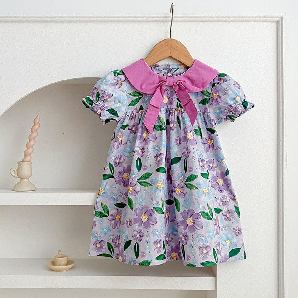 Arrival Summer Girls Floral Print Short Sleeves Bow Design Collar Dress