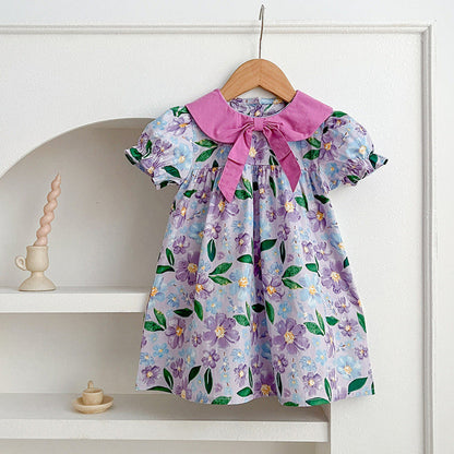 Arrival Summer Girls Floral Print Short Sleeves Bow Design Collar Dress