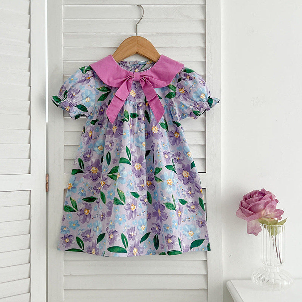 Arrival Summer Girls Floral Print Short Sleeves Bow Design Collar Dress