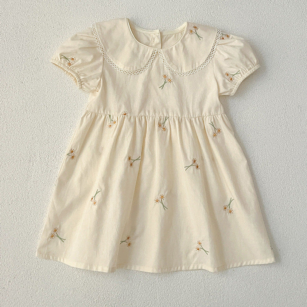 MyKids-USA® Girls Simple Floral Embroidery Lace Trim Collar Short Sleeves bodysuit And Girls’ Dress – Princess Sister Matching Set