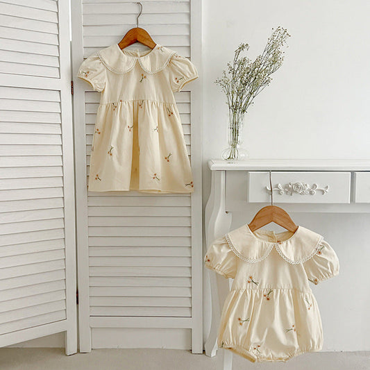 MyKids-USA® Girls Simple Floral Embroidery Lace Trim Collar Short Sleeves bodysuit And Girls’ Dress – Princess Sister Matching Set