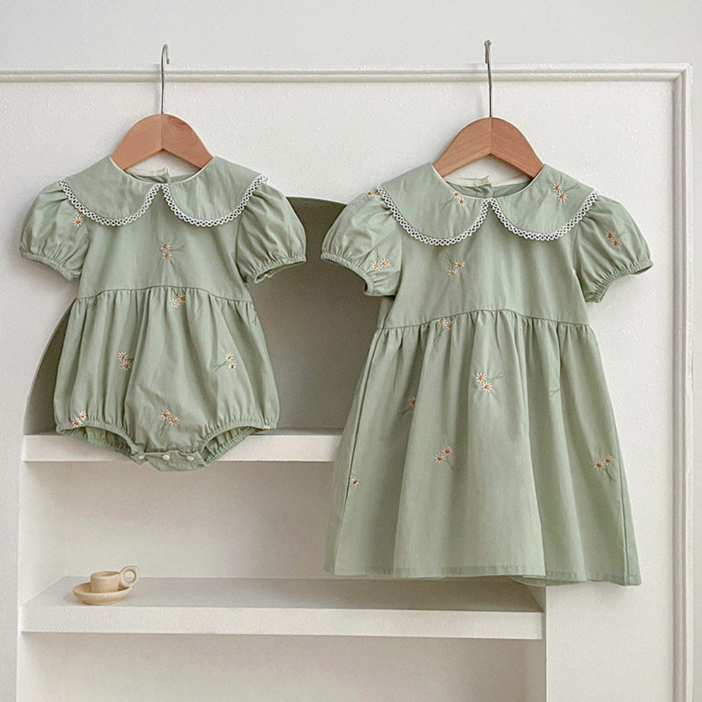 MyKids-USA® Girls Simple Floral Embroidery Lace Trim Collar Short Sleeves bodysuit And Girls’ Dress – Princess Sister Matching Set
