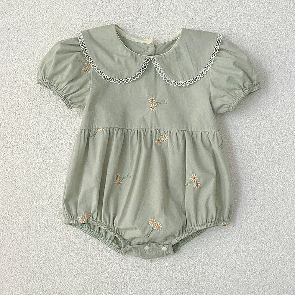MyKids-USA® Girls Simple Floral Embroidery Lace Trim Collar Short Sleeves bodysuit And Girls’ Dress – Princess Sister Matching Set