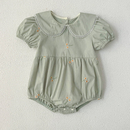 MyKids-USA® Girls Simple Floral Embroidery Lace Trim Collar Short Sleeves bodysuit And Girls’ Dress – Princess Sister Matching Set
