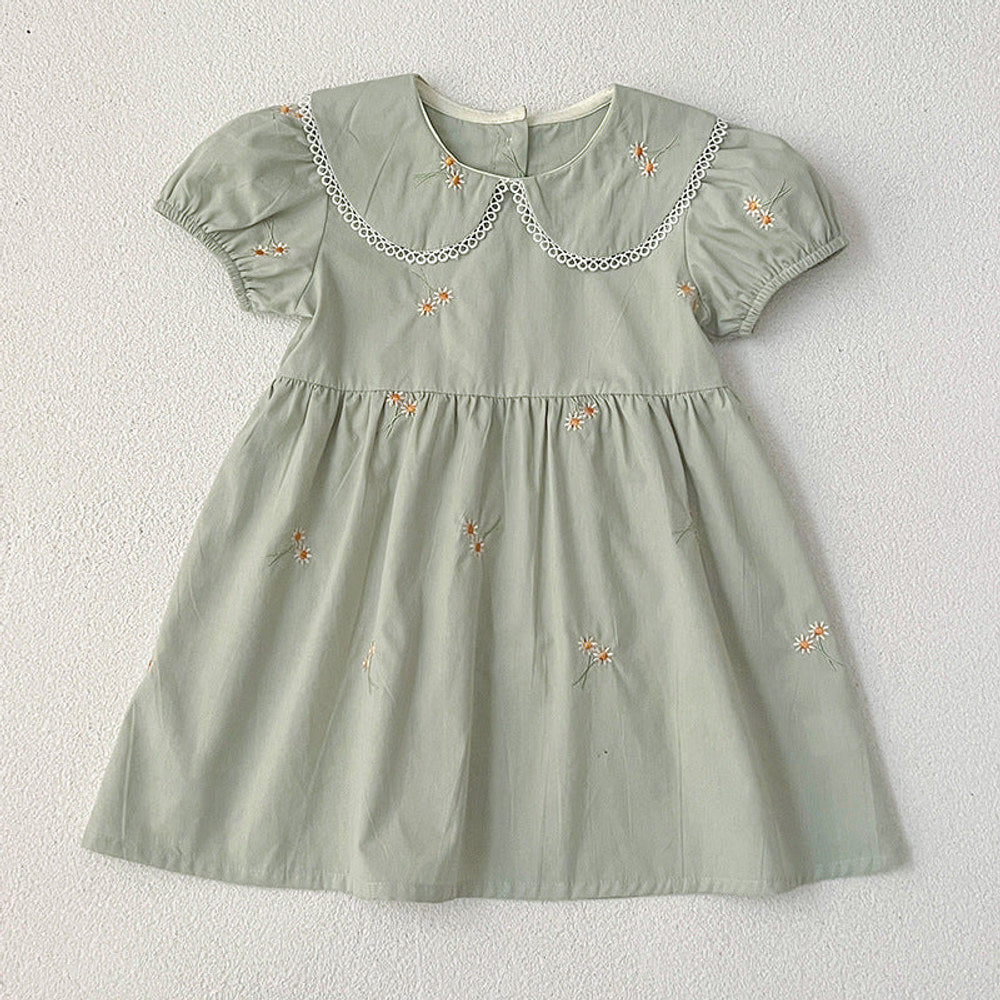 MyKids-USA® Girls Simple Floral Embroidery Lace Trim Collar Short Sleeves bodysuit And Girls’ Dress – Princess Sister Matching Set