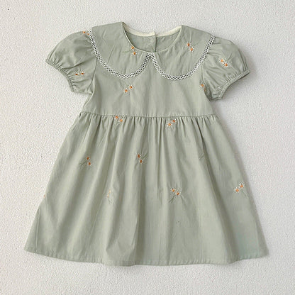 MyKids-USA® Girls Simple Floral Embroidery Lace Trim Collar Short Sleeves bodysuit And Girls’ Dress – Princess Sister Matching Set