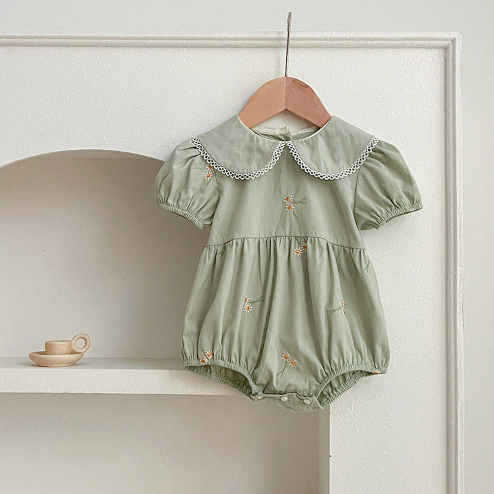 MyKids-USA® Girls Simple Floral Embroidery Lace Trim Collar Short Sleeves bodysuit And Girls’ Dress – Princess Sister Matching Set