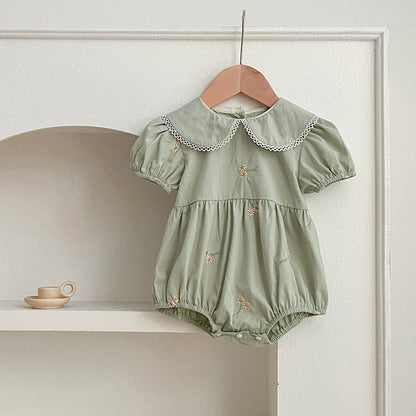MyKids-USA® Girls Simple Floral Embroidery Lace Trim Collar Short Sleeves bodysuit And Girls’ Dress – Princess Sister Matching Set