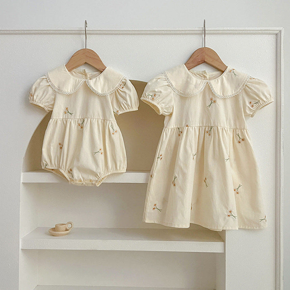 MyKids-USA® Girls Simple Floral Embroidery Lace Trim Collar Short Sleeves bodysuit And Girls’ Dress – Princess Sister Matching Set