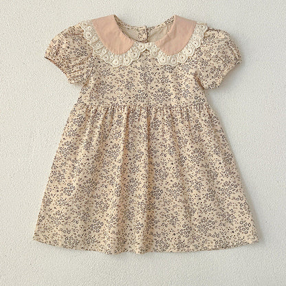 MyKids-USA® Design Baby Kids Girls Floral Pattern Short Sleeves Peter Pan Collar bodysuit And Girls’ Dress – Princess Sister Matching Set