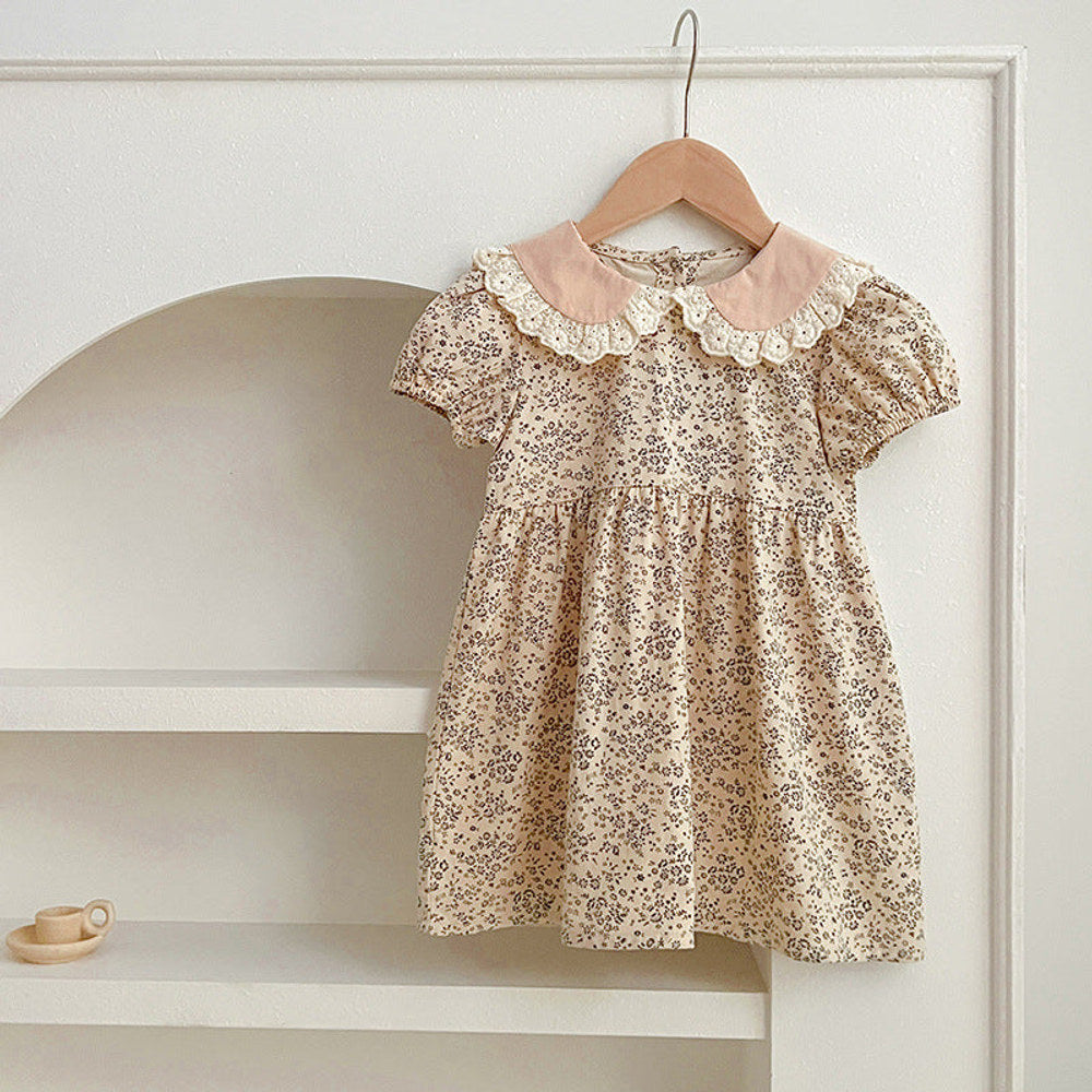 MyKids-USA® Design Baby Kids Girls Floral Pattern Short Sleeves Peter Pan Collar bodysuit And Girls’ Dress – Princess Sister Matching Set