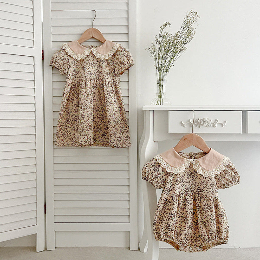 MyKids-USA® Design Baby Kids Girls Floral Pattern Short Sleeves Peter Pan Collar bodysuit And Girls’ Dress – Princess Sister Matching Set