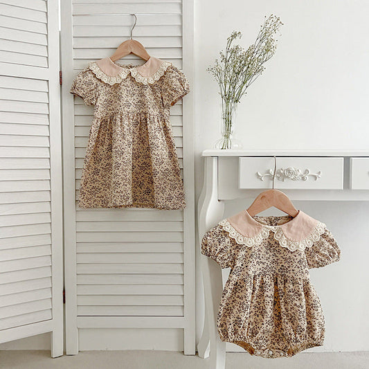 MyKids-USA® Design Baby Kids Girls Floral Pattern Short Sleeves Peter Pan Collar bodysuit And Girls’ Dress – Princess Sister Matching Set