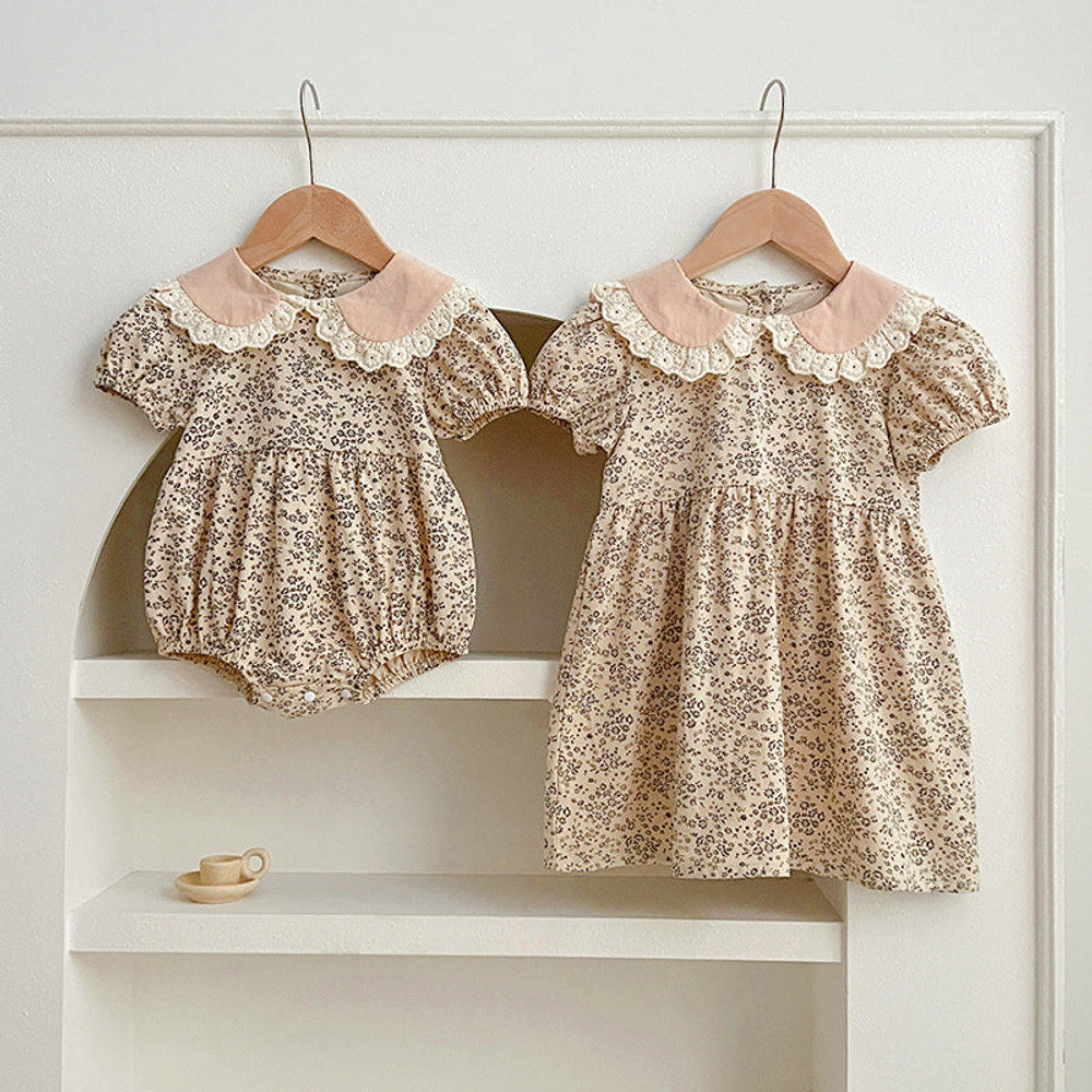 MyKids-USA® Design Baby Kids Girls Floral Pattern Short Sleeves Peter Pan Collar bodysuit And Girls’ Dress – Princess Sister Matching Set