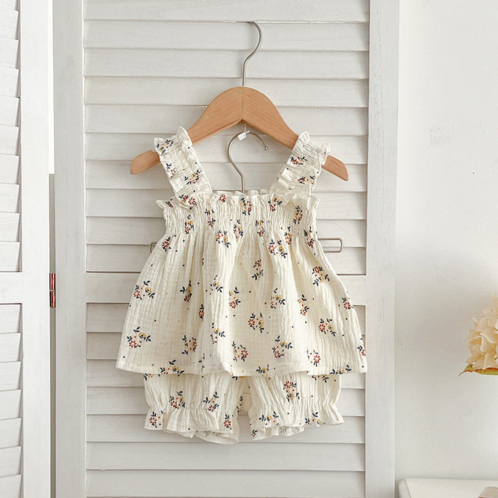 MyKids-USA® Baby Girls Sleeveless Floral Pattern Strap Top Dress And Shorts Clothing Set