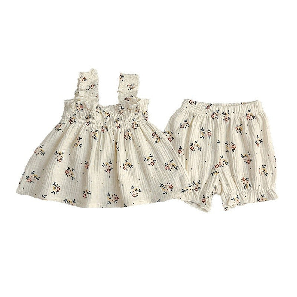 MyKids-USA® Baby Girls Sleeveless Floral Pattern Strap Top Dress And Shorts Clothing Set