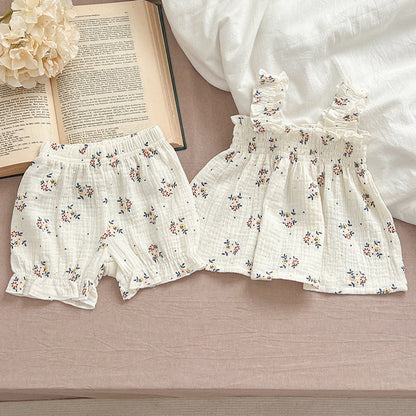 MyKids-USA® Baby Girls Sleeveless Floral Pattern Strap Top Dress And Shorts Clothing Set