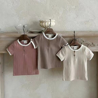 MyKids-USA® Baby Unisex Crew Neck Short Sleeves Simple Elastic Double-Button Top T-Shirt