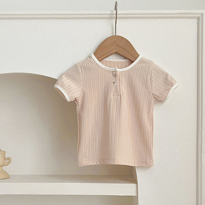 MyKids-USA® Baby Unisex Crew Neck Short Sleeves Simple Elastic Double-Button Top T-Shirt