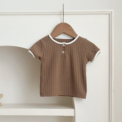 MyKids-USA® Baby Unisex Crew Neck Short Sleeves Simple Elastic Double-Button Top T-Shirt