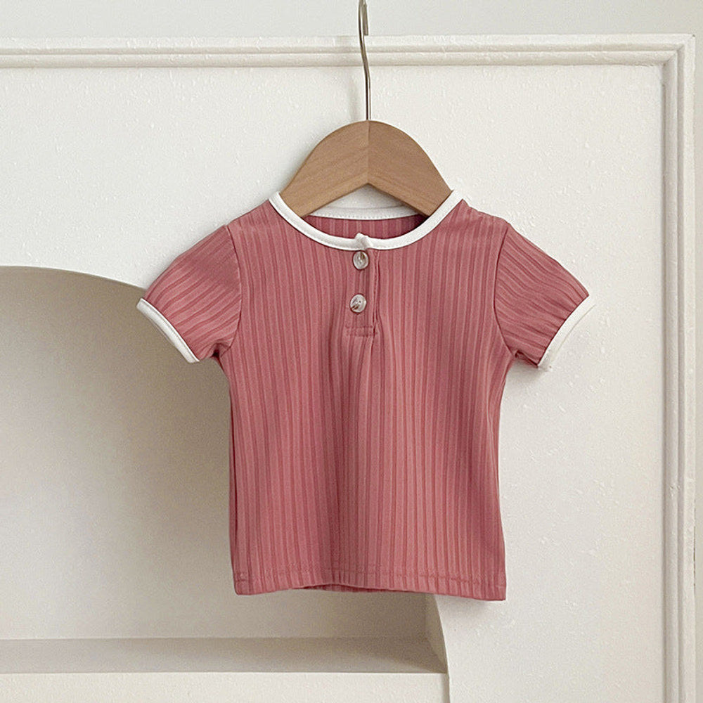 MyKids-USA® Baby Unisex Crew Neck Short Sleeves Simple Elastic Double-Button Top T-Shirt