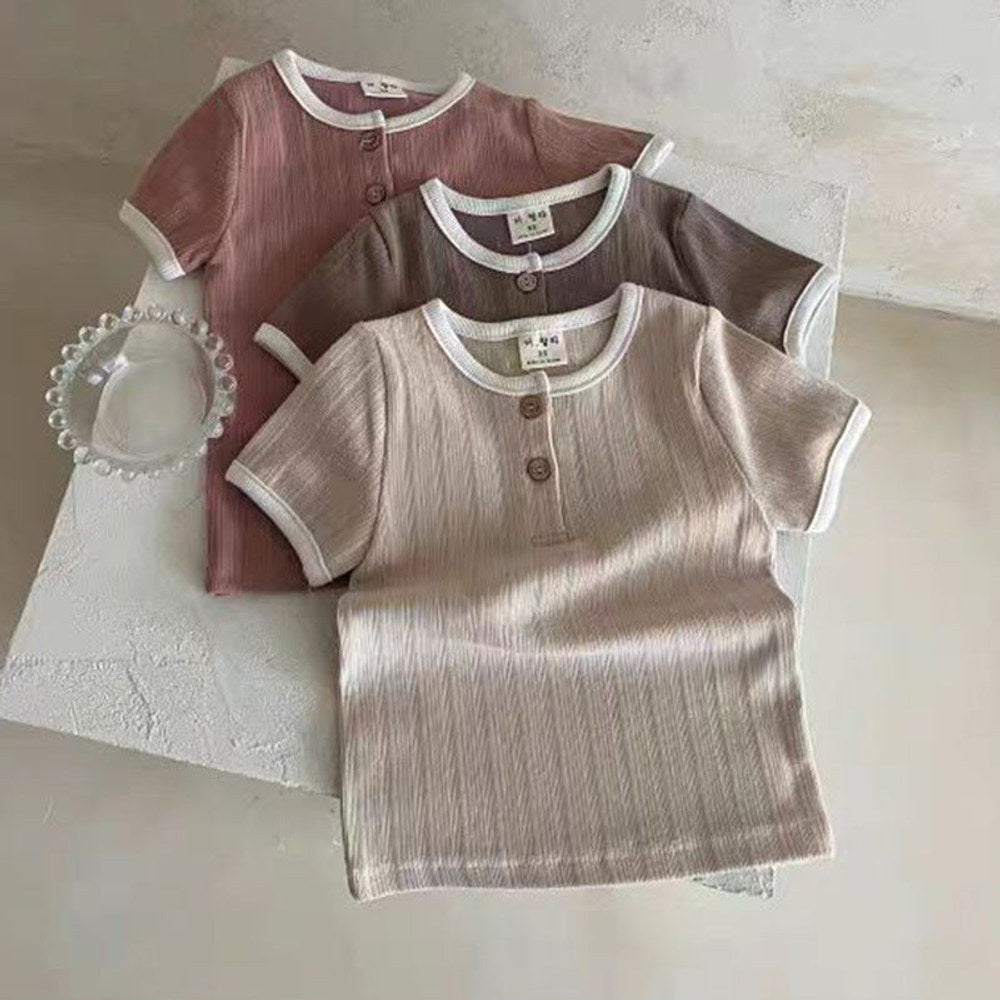 MyKids-USA® Baby Unisex Crew Neck Short Sleeves Simple Elastic Double-Button Top T-Shirt