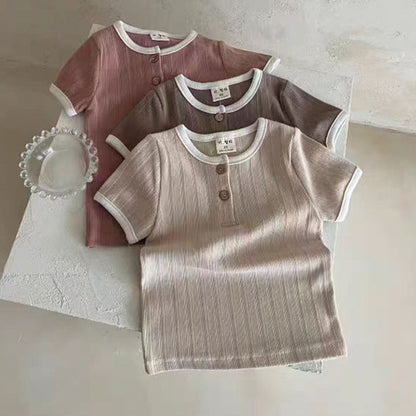 MyKids-USA® Baby Unisex Crew Neck Short Sleeves Simple Elastic Double-Button Top T-Shirt