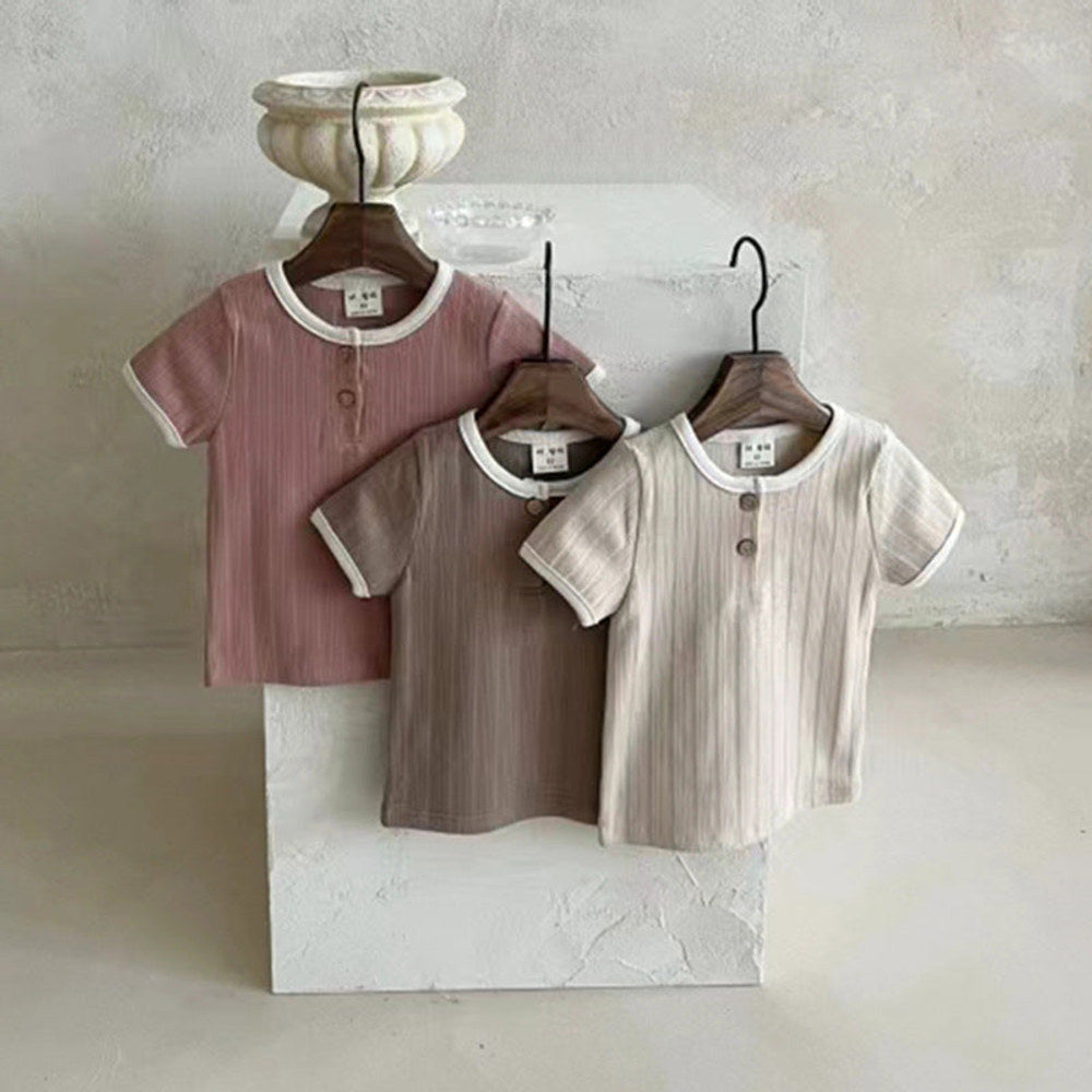 MyKids-USA® Baby Unisex Crew Neck Short Sleeves Simple Elastic Double-Button Top T-Shirt