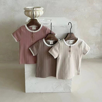 MyKids-USA® Baby Unisex Crew Neck Short Sleeves Simple Elastic Double-Button Top T-Shirt