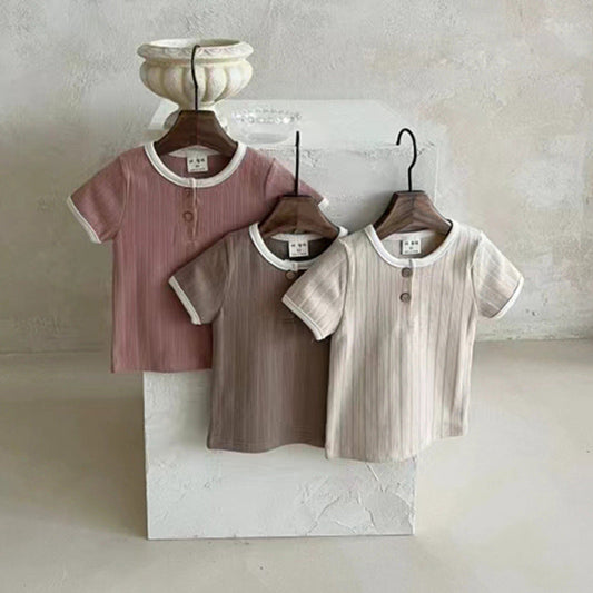 MyKids-USA® Summer Arrival Baby Unisex Crew Neck Short Sleeves Simple Elastic Double-Button Top T-Shirt