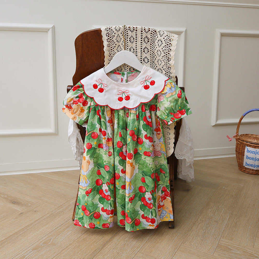 MyKids-USA® Design Kids Girls Cartoon Oil Painting Print Short Sleeves Embroidered Collar Dress