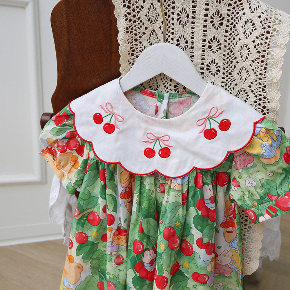MyKids-USA® Design Kids Girls Cartoon Oil Painting Print Short Sleeves Embroidered Collar Dress