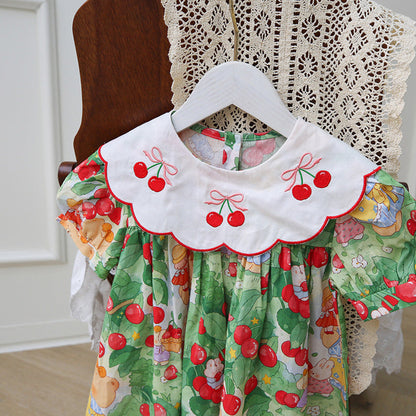 MyKids-USA® Design Kids Girls Cartoon Oil Painting Print Short Sleeves Embroidered Collar Dress