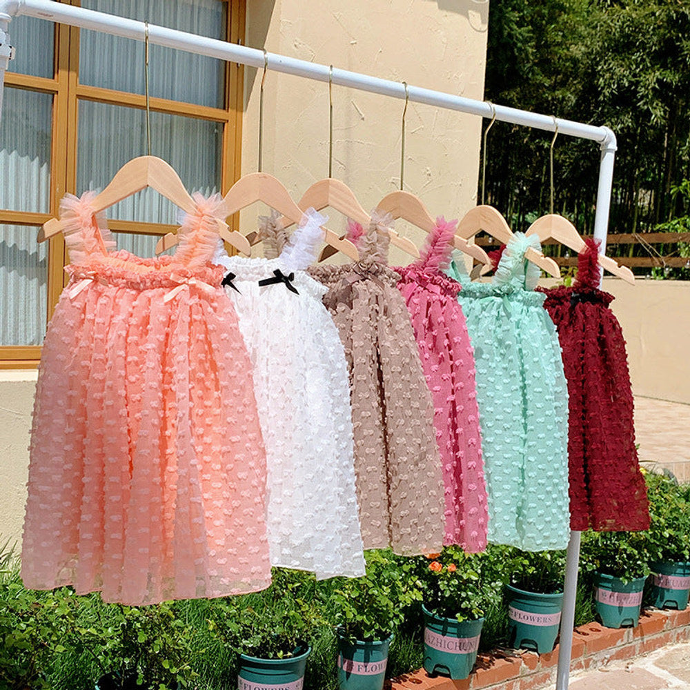 MyKids-USA® Baby Kids Girls Sleeveless Solid Color 3D Butterfly Bows Design Mesh Design Strap Dress