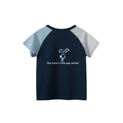 MyKids-USA® Boys’ Dog Logo Print Color Patchwork T-Shirt In European And American Style