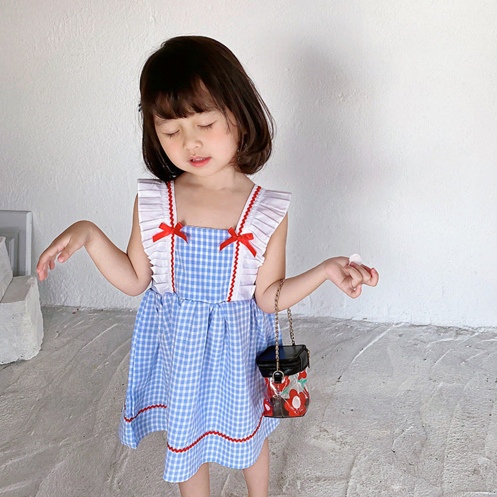 MyKids-USA® Baby Kids Girls Sleeveless Blue Plaid Square Neck Strap Dress