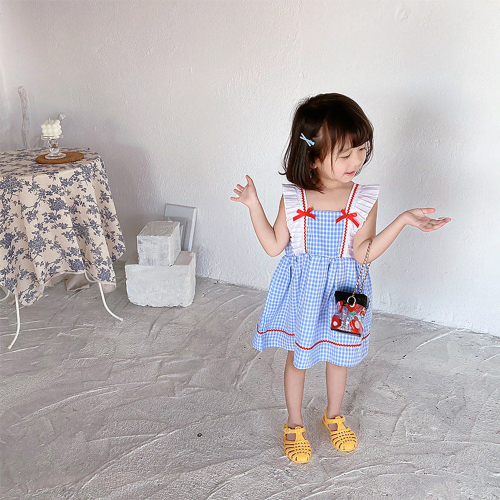 MyKids-USA® Baby Kids Girls Sleeveless Blue Plaid Square Neck Strap Dress