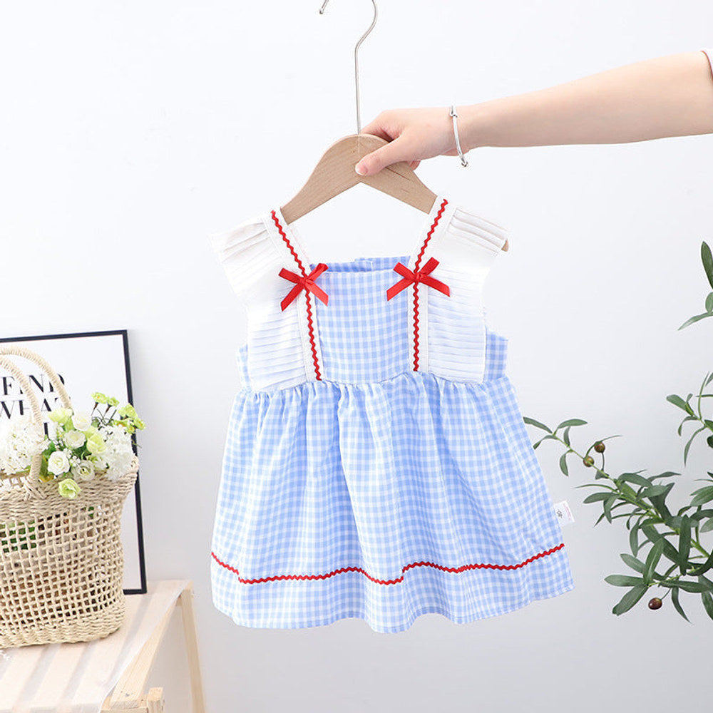 MyKids-USA® Baby Kids Girls Sleeveless Blue Plaid Square Neck Strap Dress