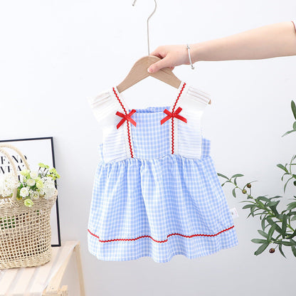 MyKids-USA® Baby Kids Girls Sleeveless Blue Plaid Square Neck Strap Dress