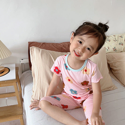 MyKids-USA® Baby Kids Girls Flowers Pattern Short Sleeves T-Shirt And Shorts Casual Home Clothing Set