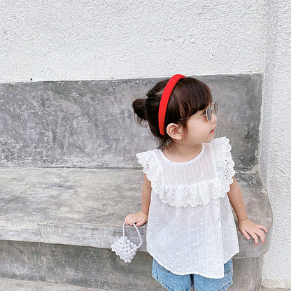 MyKids-USA® Design Girls Crew Neck Sleeveless Lace Trim Hollow Out Floral Pattern Top Shirt